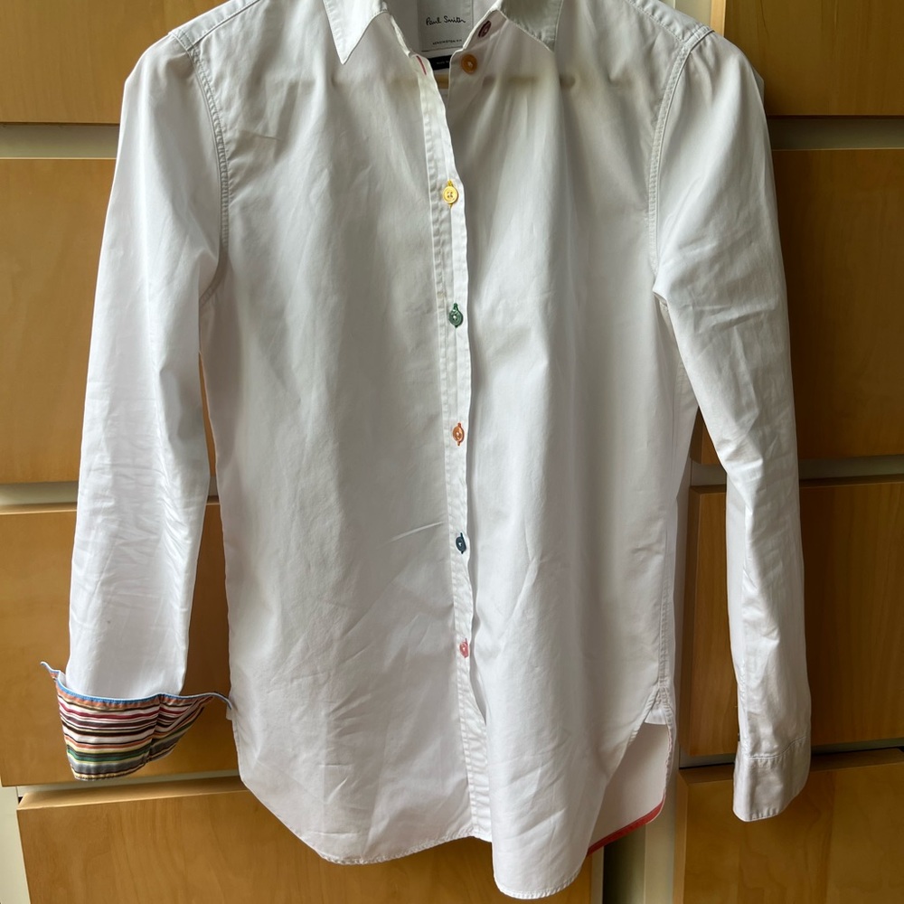 Paul Smith White Cotton Shirt with signature stripes cuffs and colorful buttons